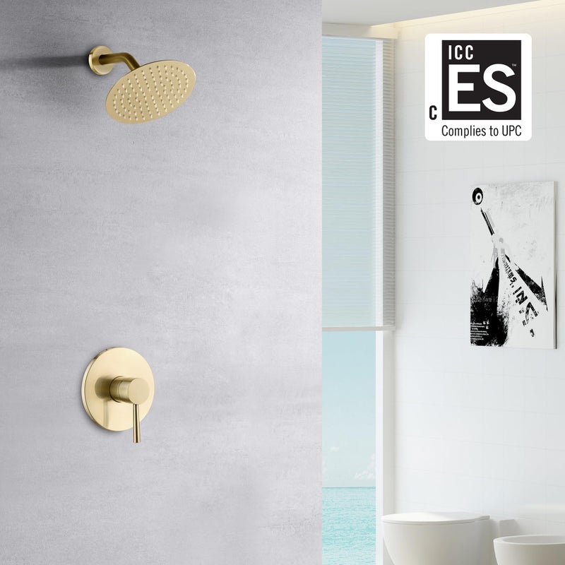 sumerain Brushed Gold Shower Faucet Set with 8 Inches Stainless Steel Rain Shower Head, Solid Brass Rough In Valve - Image 2